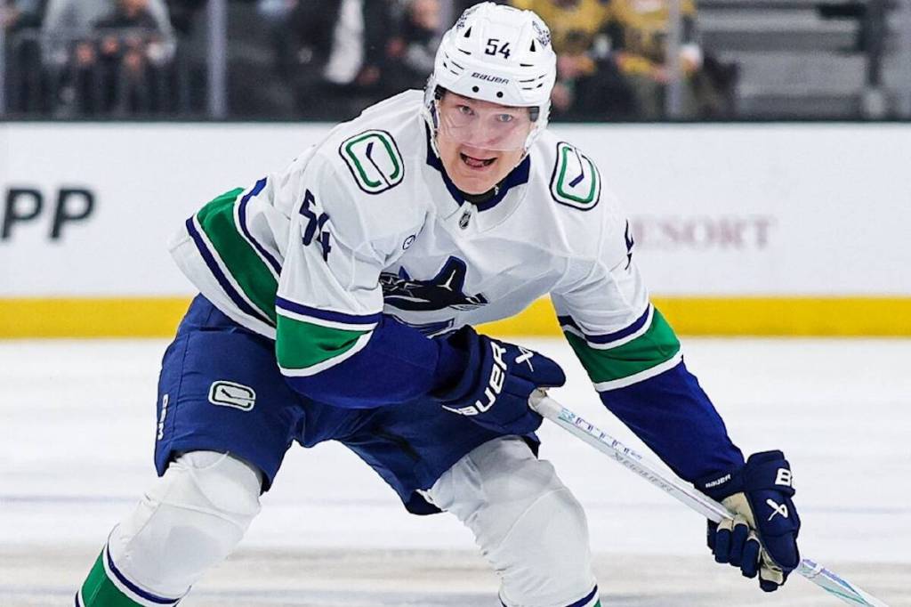 Vancouver Canucks forward Aatu Räty watches the puck during NHL action against the Vegas Golden Knights on Wednesday, Feb. 4, 2026 at T-Mobile Arena in Las Vegas. (https://x.com/Canucks photo)