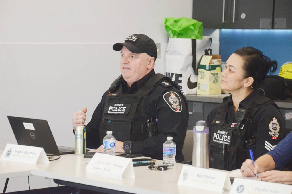Staff Sgt. Stephen Blair Hurst and Sgt. Christine Hooper, of Surrey Police Service, talked about Surrey&rsquo;s version of Car 67 at a Langley round table on Feb. 5. (Matthew Claxton/Langley Advance Times)