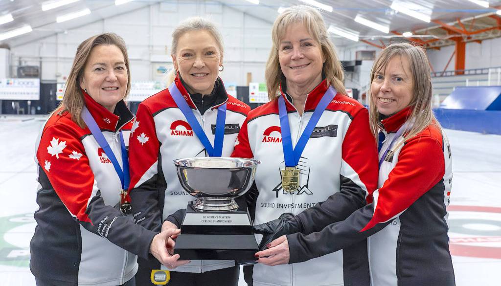 Langley curler Donna Mychaluk led her team to win the BC Masters Sunday, Feb. 8 at the Parksville Curling Club and qualify for the 2026 Canadian Masters Curling Championships. Left to right: Janet Suter (Lead), Victoria Murphy (Second), Penny Shantz (Third), and Donna Mychaluk (Skip). (Curl BC photo)