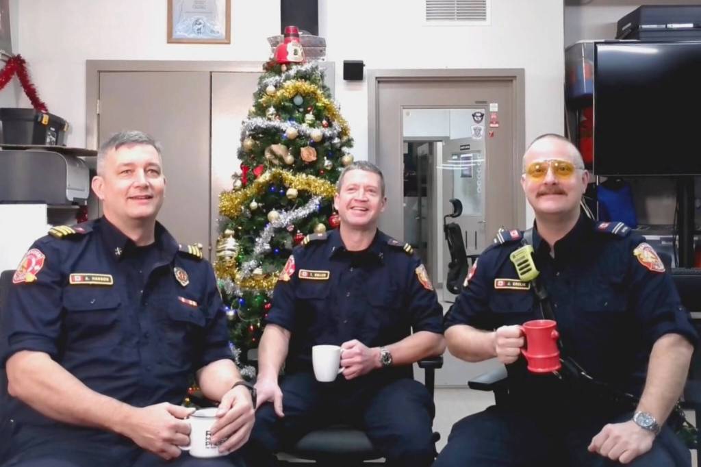 (L-R) Assistant Chief Adrian Hanson, Captain Todd Bulled, and Captain John Grelik – also known as the &ldquo;yellow glasses guy&rdquo; – sit down for a Chicago morning show in December 2025.