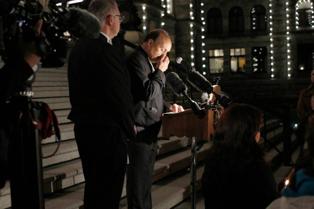 Current and former elected officials, other dignitaries and community members gathered at the B.C. Legislature to mourn those who lost their lives in the Tumbler Ridge shooting on Wednesday, Feb. 11. (Bailey Seymour/Victoria News)