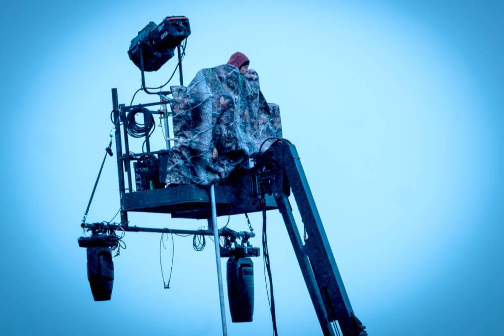 On a recent rainy day, Deb Friesen looked out the window of her Murrayville home to watch filming of the hit TV series &ldquo;Tracker.&rdquo; &ldquo;It was a miserable day for the fellow high up in the boom lift, but I&rsquo;m sure the lighting effects were great for the shoot,&rdquo; said Friesen. (Special to Langley Advance Times)