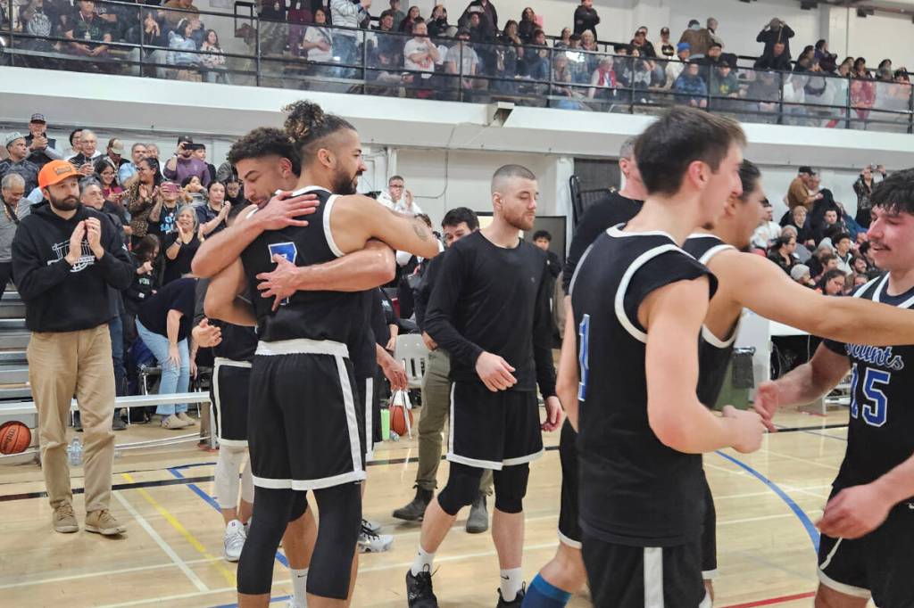 The Skidegate Saints celebrate their victory in the Senior Division of the 2026 All Native Basketball Tournament on Feb. 21. (Thom Barker/Black Press Media)