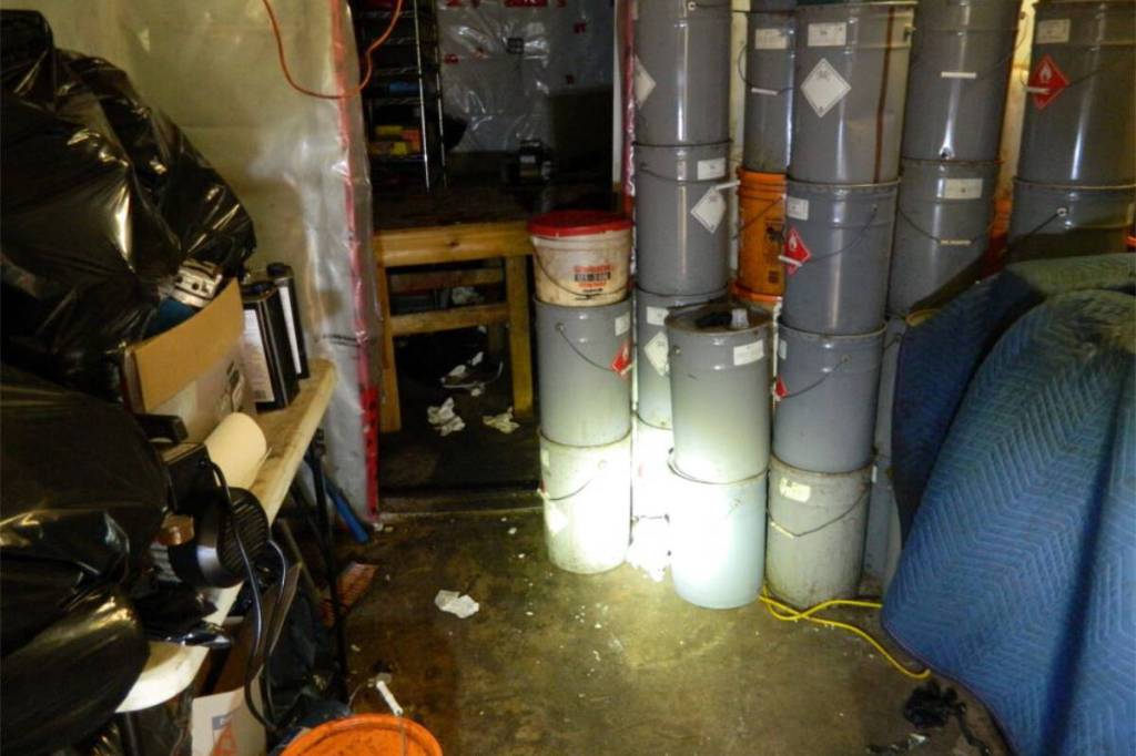 A synthetic drug laboratory in Surrey, where police seized guns, ammunition and suspected fentanyl in late 2025. (Contributed to Peace Arch News)